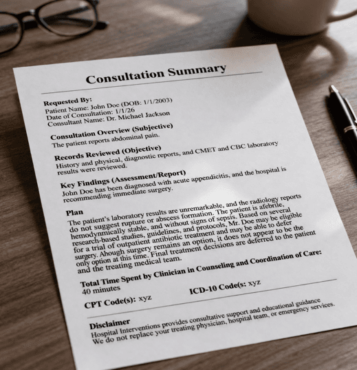 Patient reviewing a written care summary after consultation