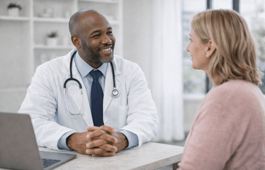 Healthcare professional offering clear guidance in a transparent clinical setting